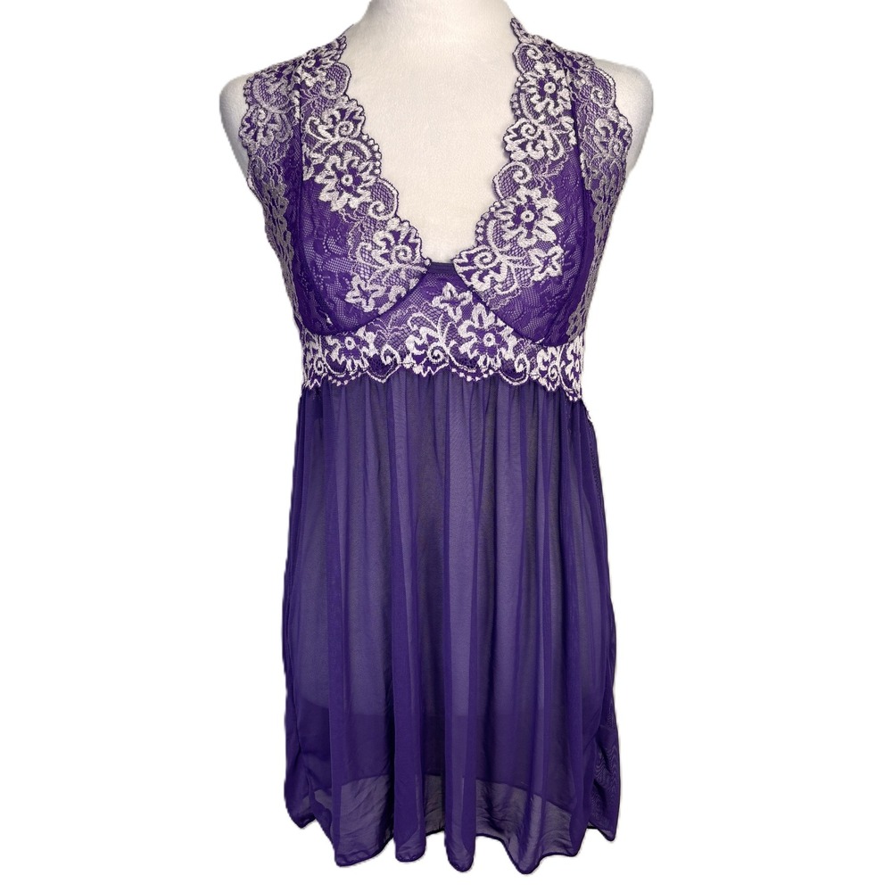 Babydoll Sheer‎ Halter Slip Dress Women L Purple Floral Lace Festival Romantic